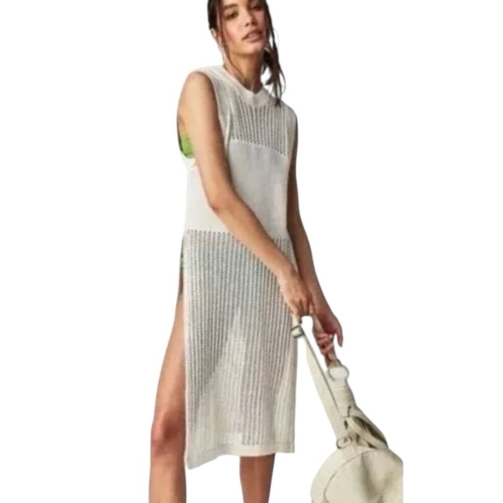 Free People White Crew Crochet Knit Sleeveless Side Slit Poncho Sweater - OS